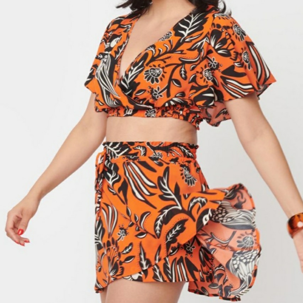 Tropical orange and black skort